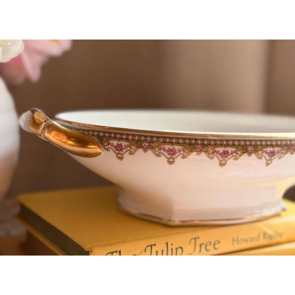 Antique T&V Limoges Serving Bowl: Lille Pattern Pink Roses, Gilt Handles